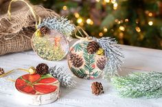 three ornaments are sitting on a table next to a christmas tree and twine of pine cones