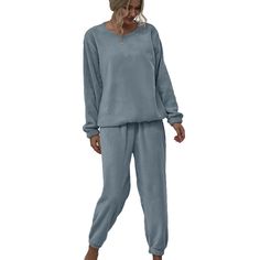 Light Blue Plush Loungewear 2pcs Pajama Set Winter Loungewear Set With Relaxed Fit, Relaxed Fit Loungewear Sets For Winter, Comfortable Blue Lounging Set, Blue Long Sleeve Sets For Relaxation, Blue Long Sleeve Sets, Blue Long Sleeve Solid Color Sets, Winter Loungewear Sets In Solid Color, Solid Color Loungewear Sets For Winter, Blue Long Sleeve Loungewear Set