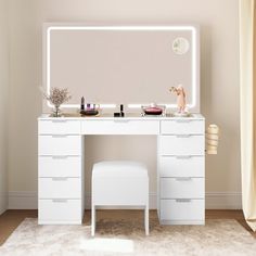 a white vanity with mirror and stool in a room