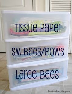 three plastic storage containers with the words tissue paper, sm bags - bows and large bags