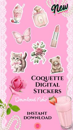 a pink poster with stickers on it and the words coquette digital stickers