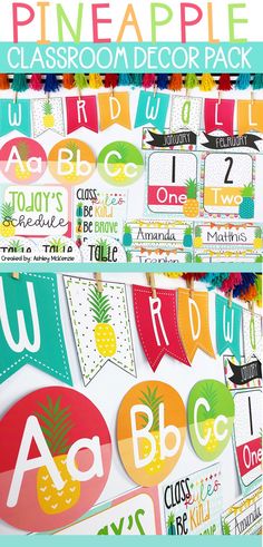 the pineapple classroom decor pack includes letters, numbers, and other things to make it fun