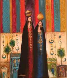 an oil painting of two women standing in front of a colorful wall with hanging decorations