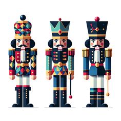 three nutcrackers are standing side by side, each with different colors and patterns