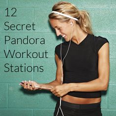 a woman is listening to headphones while standing in front of a wall with the words 12 secret pandada workout stations