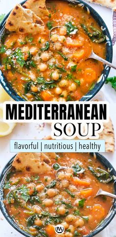 two bowls of mediterranean soup with spinach and chickpeas in them, one bowl is