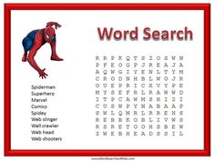 a spiderman word search is shown in red and white with the words'word search '