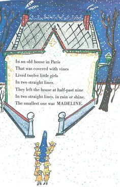 an image of a house in the snow with a poem written on it and two children standing