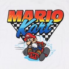 the mario kart t - shirt is white with blue and red lettering on it