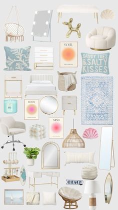 an assortment of furniture and decor items arranged on a white background with text overlay