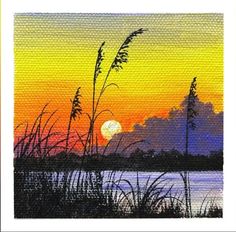 a painting of the sun setting over water with grass in foreground and clouds in the background