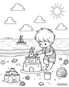 a little boy playing in the sand at the beach with a castle and seashells