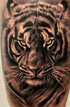 a close up of a tiger's face on a man's upper arm