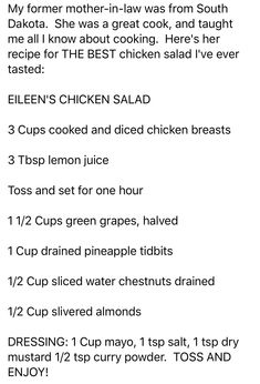 the recipe for chicken salad is shown in black and white, with instructions to make it