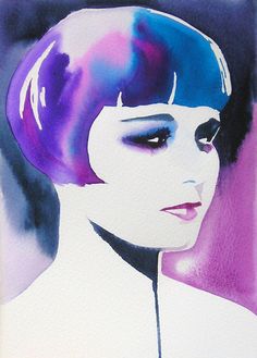 a painting of a woman with purple hair