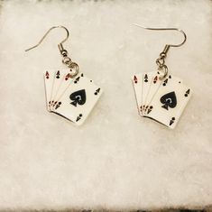 "Playing Cards earrings (rummy earrings , deck of cards jewelry, 4 queens earrings, miniature earrings) Adorable miniature playing cards earrings. There are seven different designs to choose from! Check out the pictures and make your choices at checkout. Each set is sealed with a glossy finish. Check out my other miniature novelty earrings in my shop. Lots to choose from! All my earrings in my shop feature nickel Free Fishhooks- great for sensitive ears. Lightweight plastic earrings. Good for ki Earrings Artificial, Queen Earrings, Weird Jewelry, Novelty Earrings, Quirky Earrings, Food Earrings, Plastic Earrings, Funky Earrings, Homemade Jewelry