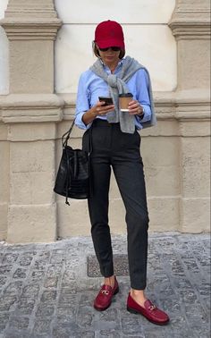 Red Loafers Women, Outfits For Early Spring, Red Outfit Inspiration, Blue And Red Outfit, European Spring Outfits, Loafers Outfit Women, European Spring, Loafer Outfits, Paris Outfit Ideas