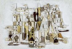 an abstract painting with many different shapes and sizes, including the top part of a building