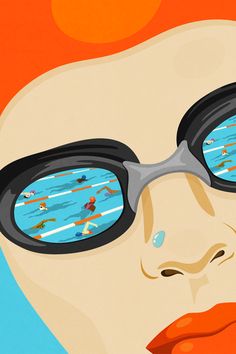 a woman's face with sun glasses reflecting people swimming in the water on an orange and blue background