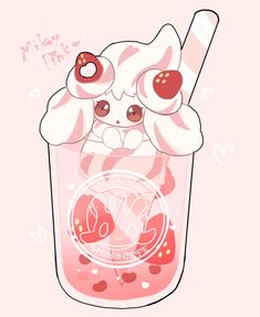 a pink and white drink with strawberries on it's head, surrounded by hearts