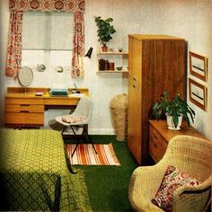 an old photo of a bedroom with green carpet