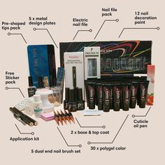 Polygel nail kit for DIY polygel nails. Includes 30 polygel colors, 3 nail clippers, 3 dual-ended nail brush and cuticle pusher combos, 100 dual forms, slip solution, a large UV lamp, 2 base and top coats, a nail file pack, a wooden stick, alcohol wipes, a removal kit, a cuticle oil pen, a French nail art stamp, 5 metal design plates, a pack of pre-shaped tips, 5 dual-ended nail brushes, 12 nail decoration paints, an electric nail file, and a free sticker pack. Polygel Nail, Electric Nail File, Diy Techniques, Broken Nails, Nail Prep, French Nail Art, Nail Type, Polygel Nails, Nails Done