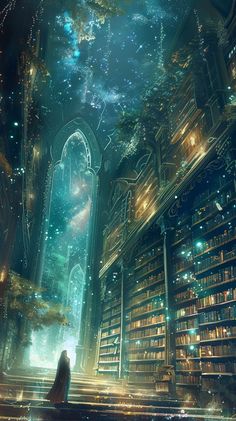 a woman is standing in front of a library full of books and looking up at the sky