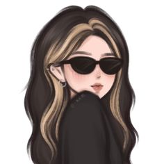 a drawing of a woman with sunglasses on her face and long hair, wearing black