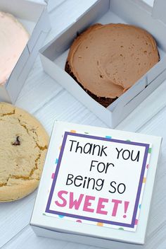 a thank you for being so sweet card next to a box of cookies and a cookie