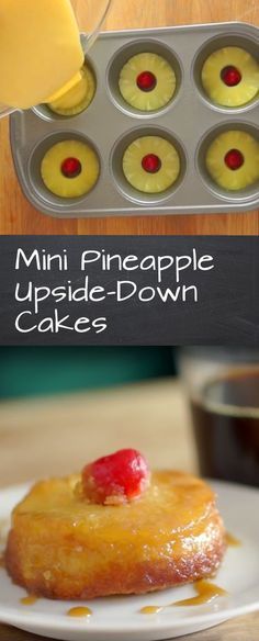 mini pineapple upside down cakes on a white plate with a cupcake tin in the background