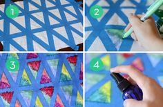 four pictures showing how to make a quilt with different shapes and sizes, including triangles