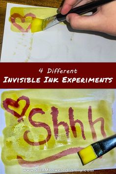 someone is painting the words with yellow and red paint on paper, while another hand holds a