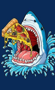 a shark eating pizza with its mouth open