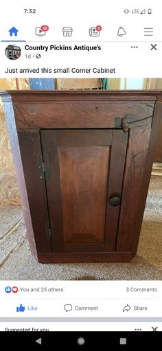 an old wooden cabinet has been cleaned and is being displayed on the website for sale