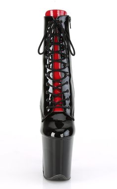 8"Heel, 4" PF Lace-Up Front Ankle Boot, with Interchangeable Color Tongues (Red & Black) and Corset Style Lacing on Platform Underside & at the Back, Inside Zip ClosureHEEL/PLATFORM : 8" Heel, 4" PFFIT GUIDE : True to sizeVEGAN : Yes US Women's Sizing - see size chart for more info Black High Ankle Boots With Red Sole, Black Lace-up Boots With Red Sole, Black Boots With Red Sole, Closed Toe, Black High-top Heeled Boots With Rubber Heel Cap, Black Ankle-high Boots With Red Sole, Black Ankle Boots With Red Sole, Black Heeled Boots With Red Sole And Round Toe, Dance Boots, Pleaser Shoes