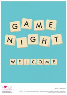 the word game night is spelled in scrabble letters on a blue and white background