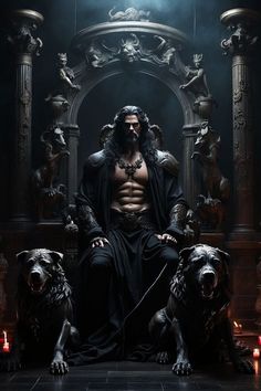 a man sitting on top of a throne next to two dogs in front of him