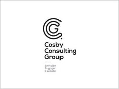 the cosby consulting group logo is shown in black and white, with an orange circle on