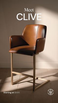 a brown leather chair sitting in front of a white wall with the words meet clive on it