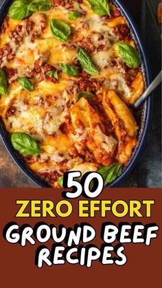 the cover of 50 zero effort ground beef recipes, with text overlaying it