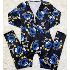 Cookie Monster Long Pant Onesie Cookie Monster Onesie, Fun Family Pictures, Cheetah Shorts, Onesie Cookies, Blue Cookies, Pajama Romper, Onesie Pajamas, Winter Pajamas, Winter Print