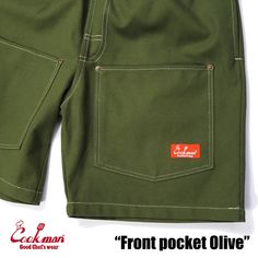 Chef Shorts Front Pocket These shorts, made from sturdy and tough duck canvas fabric, feature six pockets. The front pockets have rivets in the corners to enhance durability. The design is very practical, even when your hands are full or when sitting. - 2 side pockets and additional 2 in the back. - String loop for keychains. - Machine washable 100% cotton. (recommend a test wash before use) - Made in China *Recommendation This product will shrink when washed. Please choose one size bigger than Cotton Shorts With Patch Pockets For Outdoor, Outdoor Cotton Shorts With Patch Pockets, Khaki Utility Shorts With Hip Pockets, Cotton Shorts With Hip Pockets For Outdoor, Utility Cotton Cargo Shorts, Cotton Cargo Shorts With Patch Pockets For Outdoor, Green Cotton Cargo Shorts With Hip Pockets, Outdoor Cotton Shorts With Belt Loops, Casual Work Clothes