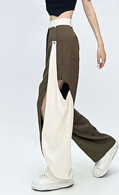 Color Block Wide Leg Pants with Side Cutouts – nightcity clothing Street Minimalist Fashion, Pants With Cutouts, Unique Pants Design, Cool Pants Design, Pants Design Fashion, Farewell Party Games, Comfortable Stylish Outfits, High Fashion Pants, Edgy Pants