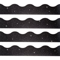 three rows of black and white glittered paper with wavy lines in the middle, on a white background