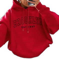 Daily Clothes, Basic Sweatshirt, Lined Hoodie, Letter Print Hoodie, Casual Wear Women, Fashion Hoodies, Printed Drawstring, Brooklyn New York, Drawstring Hoodie