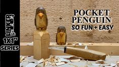 two wooden birds sitting on top of boxes with the words pocket penguin so fun and easy