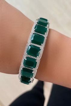 Silver toned bangle with emeralds and swarovski diamonds embellishments. - Aza Fashions Jewellery Bangles, Bangles Jewelry, Aza Fashion, Online Jewelry, Emerald Green, Embellishments, Silver Tone, Emerald, Bangles