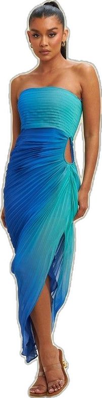 Blue and Aqua ombre cut out dress with pleats Fitted Gradient Dress For Summer, Gradient Color Summer Party Dress, Chic Ombre Dresses For Spring, Fitted Ombre Dress For Summer, Chic Gradient Summer Dress, Gradient Color Summer Midi Dress, Luxury Fitted Gradient Dress, Chic Ombre Spring Dress, Summer Ombre Fitted Dresses