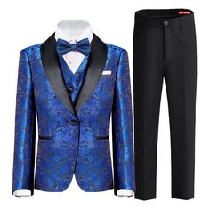 a blue suit with black pants and a bow tie