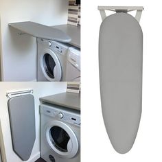 there are two pictures of a washing machine and an ironing board on the wall